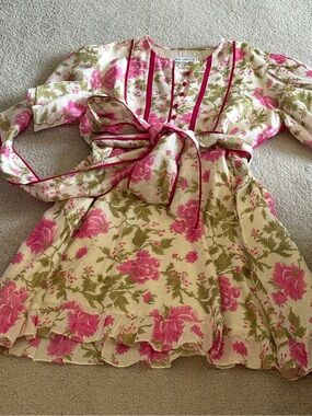 Sue Sartor Handmade tulip sleeve Pink Floral Belted  Dress XL
